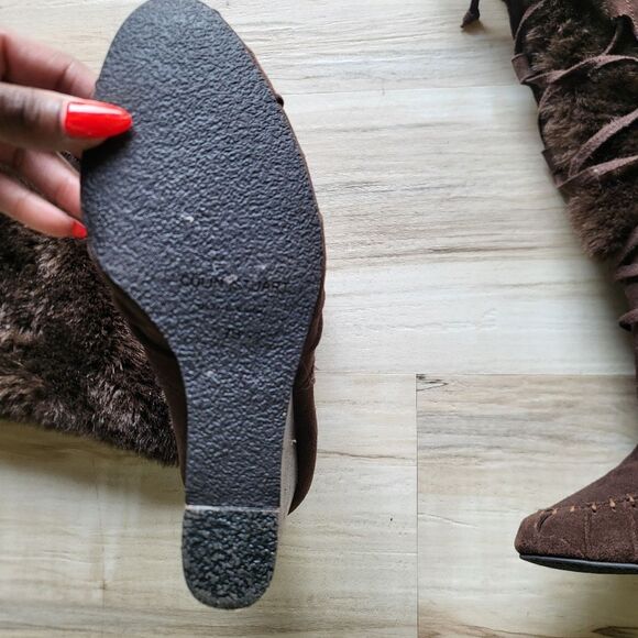 Colin Stuart Laceup Wedge Chocolate Brown  Faux Fur Boots Suede 7B - Picture 5 of 8